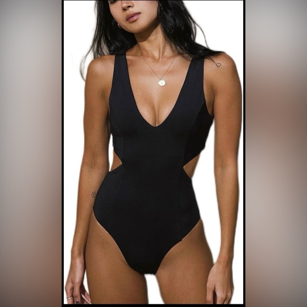 Sleek Black V-Neck One-Piece Swimsuit
